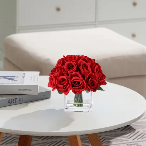 Miniatura 7 de 18 cabezas de rosas artificiales en jarrón, arreglo floral de rosas falsas en jarrón con agua falsa para mesa de comedor, boda, decoración del hogar