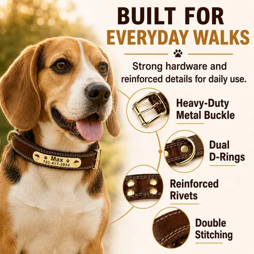 Miniatura 4 de Collar de cuero para perro personalizado con placa de nombre grabable - Collar con etiqueta de identificación duradera - Collar para perro
