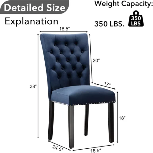 Miniatura 2 de Juego de 4 sillas de comedor de cocina de terciopelo, silla de comedor tapizada Parsons, silla decorativa de madera con ribete clavado, azul