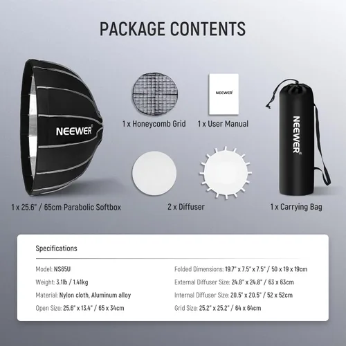 Miniatura 8 de NEEWER 25.6"/65cm Softbox parabólico hexadecágono, instalación rápida/plegable como paraguas con montaje Bowens, plato de belleza
