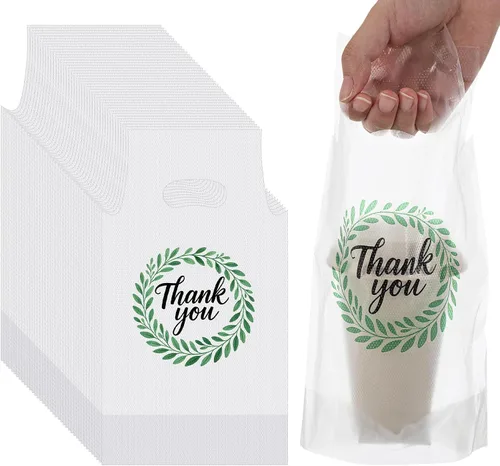 Miniatura 7 de PerKoop 500 Pz Portador de bebidas para entrega Portavasos transparente con asa Bolsas de agradecimiento Portavasos desechables de una sola toma