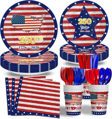 168 piezas de suministros para fiesta del Día de la Independencia del 4 de julio, platos y servilletas, tazas, cuchillo y tenedor para 250