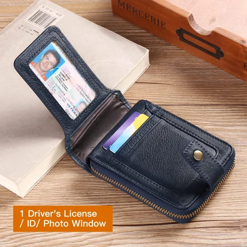 Miniatura 14 de GOIACII Cartera con cremallera para hombre, de piel auténtica, con bloqueo RFID, con cremallera, bolsillo para monedas, para identificación, con Café