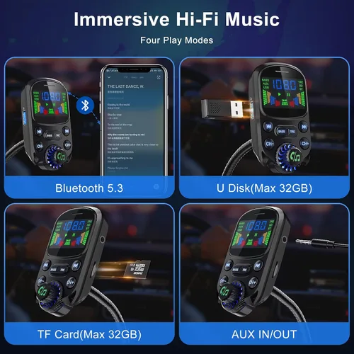 Miniatura 5 de Transmisor FM Bluetooth 5.3 para coche SOARUN Adaptador Bluetooth para automóvil PD30W y puerto USB, carga rápida, reproductor de agudos y graves