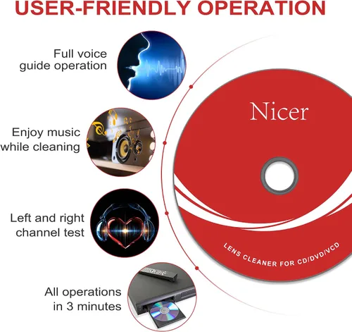 Miniatura 4 de Nicer Kit limpiador de reproductor de CD/VCD/DVD, disco de limpieza de lentes láser con sistema de limpieza de doble cepillo, NS-2