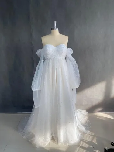 Miniatura 7 de SUOLUOS Vestidos de maternidad de tul perlado para sesión de fotos, hombros descubiertos, lencería nupcial, vestidos de embarazo para baby shower