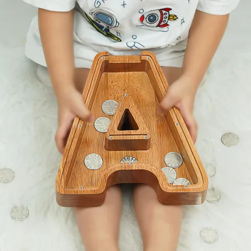 Miniatura 3 de Alcancía para niños y niñas, alcancía grande de madera personalizada con diseño recortado, bancos de monedas con letras del alfabeto, caja de ahorro