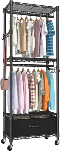 VyGrow Perchero de Ropa, Perchero de Ropa para Colgar Ropa, Sistema Organizador de Armario Ajustable de 4 Niveles con Cajón | Varillas Dobles |