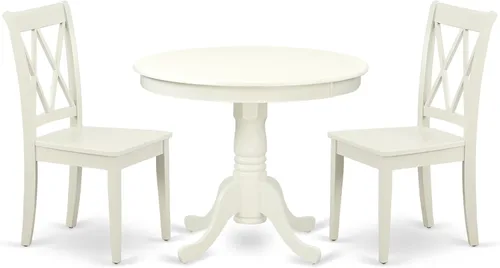 East West Furniture ANCL3-LWH-W - Juego de mesa de cocina de 3 piezas para espacios pequeños contiene una mesa de comedor redonda con pedestal y 2