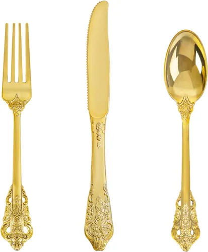 Miniatura 12 de bUCLA 600 cubiertos de plástico dorado – Utensilios dorados desechables – Juego de cubiertos de plástico resistente – 200 tenedores, 200 cucharas