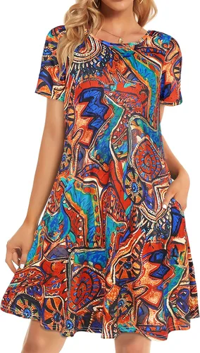Miniatura 7 de Vestidos de verano para mujer, informales, holgados, estilo camiseta, florales, de manga corta, con vuelo y bolsillos, para la playa