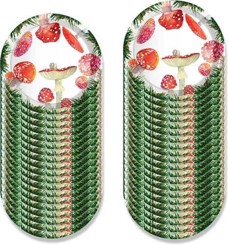 Miniatura 3 de Juego de vajilla de 116 piezas de vajilla roja de hongos en acuarela que incluye platos de hongos y servilletas, platos llanos, tazas