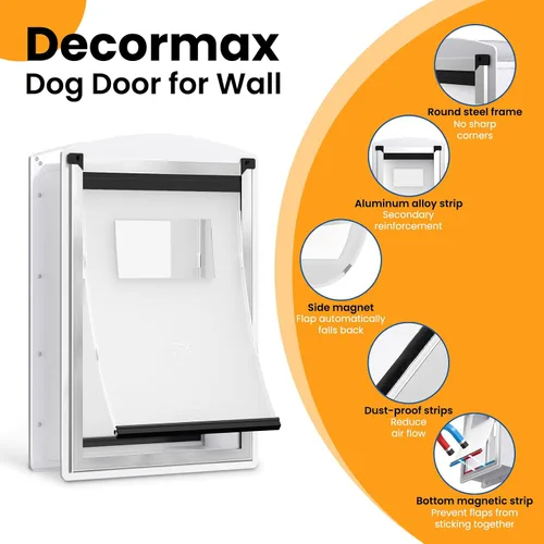 Miniatura 3 de Puerta de perro para pared, puerta de perro de acero con túnel telescópico, puerta de mascotas resistente a la intemperie con dos paneles de bloqueo