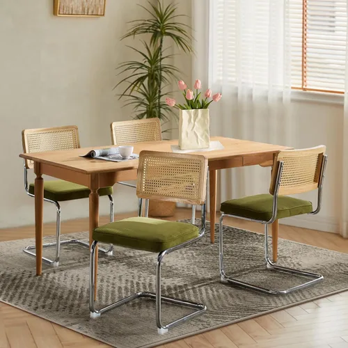 Miniatura 9 de Juego de 2 sillas de comedor de ratán, sillas de comedor modernas tapizadas de mediados de siglo con respaldo de caña, sillas de cocina de Beige