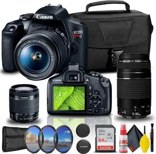 Canon Cámara réflex digital EOS Rebel T7 con lentes de 0.709-2.165 in y 2.953-11.811 in + juego de filtros creativos, bolsa para cámara EOS +