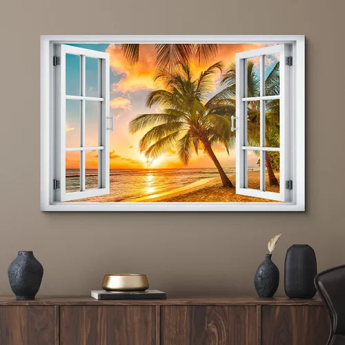Miniatura 2 de wall26 - Cuadro en lienzo para pared, vista de ventana, atardecer neón, cielo, palmera tropical, playa, naturaleza, desierto, fotografía, realismo