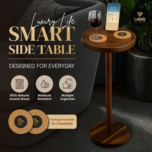Miniatura 6 de Mesa de bebidas para espacios pequeños, mesa auxiliar de pedestal de 24 pulgadas de alto con base estable, soporte para teléfono y 2 posavasos, mesa