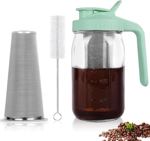Miniatura 9 de Máquina de café de infusión fría, jarra de albañil de 64 onzas con filtro de acero inoxidable, tapa con pico para servir, de vidrio resistente
