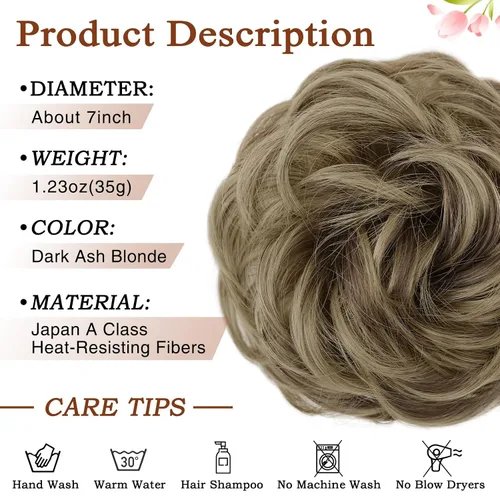 Miniatura 2 de MORICA - 1 pieza de extensiones de cabello sintético tipo moño desordenado, rizado y ondulado para mujeres (rubio cenizo y rubio más claro)