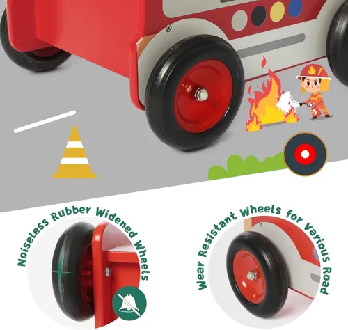 Miniatura 4 de Labebe Andador de madera para bebés, juguete de aprendizaje para niños pequeños de 1 a 3 años, camión de bomberos con ruedas