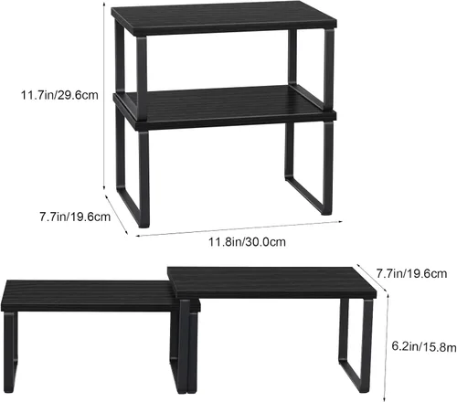 Miniatura 3 de CADUKE Juego de 4 estantes de encimera de cocina, organizador de estantes apilables, estantes de encimera de madera, estantes de gabinete Negro