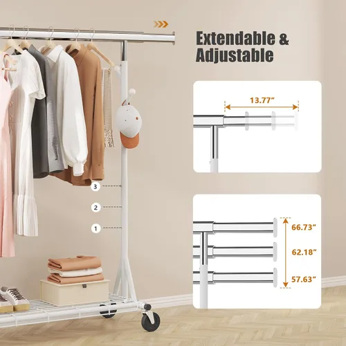 Miniatura 22 de Gewudraw Estante de ropa resistente con carga de 900 libras, estante comercial de doble barra con ruedas y estantes resistentes, estante colgante