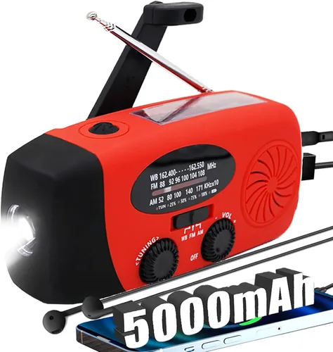 Miniatura 9 de Radio de manivela solar de emergencia mejorada con linterna LED, radio meteorológica portátil Am Fm NOAA, cargador de teléfono celular