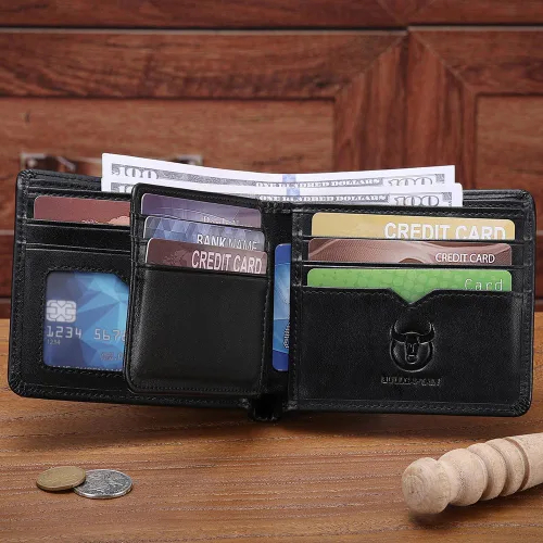 Miniatura 71 de LUKZIJAES Billetera de cuero genuino para hombre, con bloqueo RFID, delgada, plegable, bolsillo frontal, #3-Café, Vintage