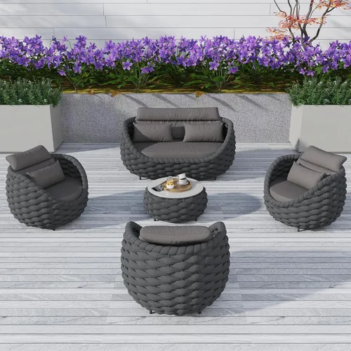 Miniatura 22 de TWT 3-Piece Woven Rope Patio Furniture Set, 2 Outdoor Armchairs with Soft Cushions + Round Aluminum Coffee Table, All-Weather Conversation Set for