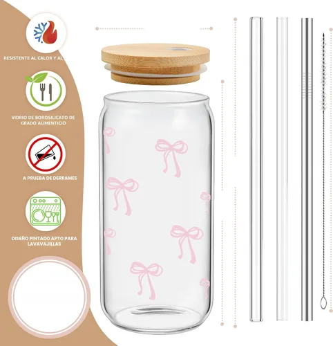 Miniatura 2 de BIPEDS Coquette Tazas de vidrio lindas con moño rosa y tapas y pajitas, taza de café helado estética, taza de diseño preppy femenino, regalos