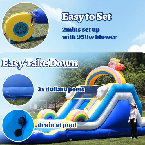 Miniatura 6 de Tobogán acuático de grado comercial de 24 pies de largo para adultos, (tobogán doble) (PVC completo resistente) (piscina de agua grande)
