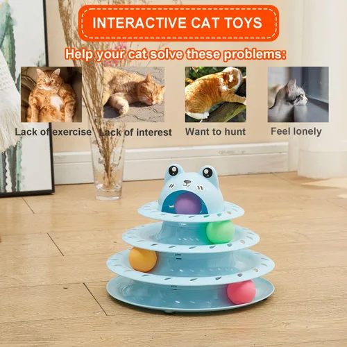 Miniatura 6 de Juguetes para gatos, pista de bola giratoria de 4 niveles, juguete interactivo para gatos de interior, rodillo divertido con bola giratoria Azul