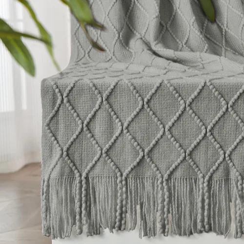 Miniatura 13 de inhand Mantas de punto para sofá y cama, manta de punto suave y acogedora con borlas, mantas decorativas ligeras y mantas decorativas de granja