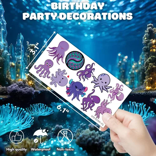 Miniatura 6 de 100 piezas temáticas de pulpo, regalos de fiesta de cumpleaños, suministros de decoración, pulpo, océano bajo el mar, animales, tatuajes temporales