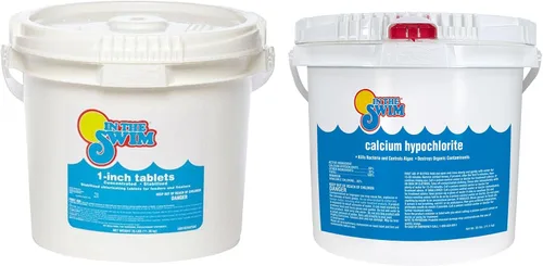 In The Swim Paquete de cloro y choque para piscinas desinfectantes, incluye un cubo de 25 libras de tabletas de cloro de 1 pulgada y 25 cubos de 68%