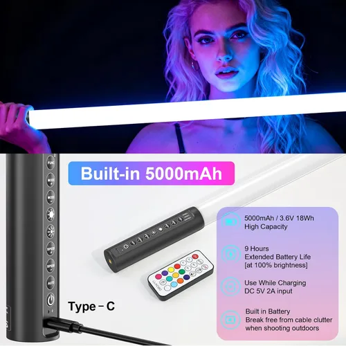 Miniatura 3 de LUXCEO Paquete de 2 barras de luz de tubo RGB (2.8 pies) con soporte, varilla de luz LED de video alimentada por batería para DJ y fotografía