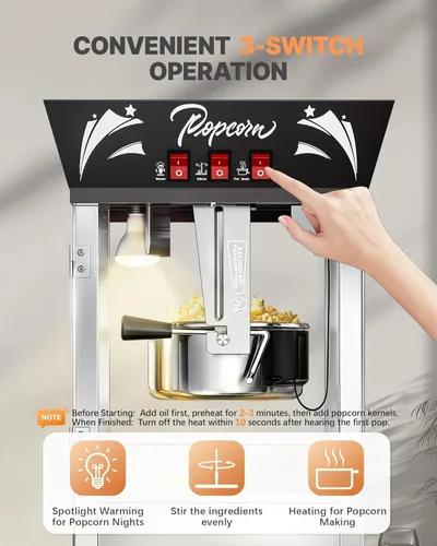 Miniatura 5 de Máquina comercial de palomitas de maíz de 12 onzas, 850 W, máquina de palomitas de maíz de cine, máquina de palomitas de maíz de mesa negra con Negro