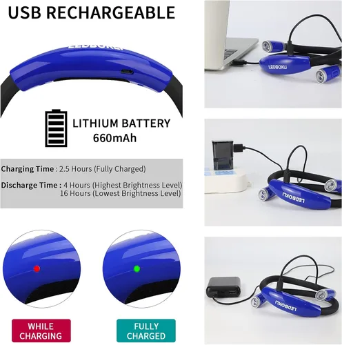 Miniatura 4 de LEDBOLIK - Luz de lectura para el cuello, 660 mAh recargable, luz de libro para leer en la cama, 6 de brillo, brazos flexibles, manos libres