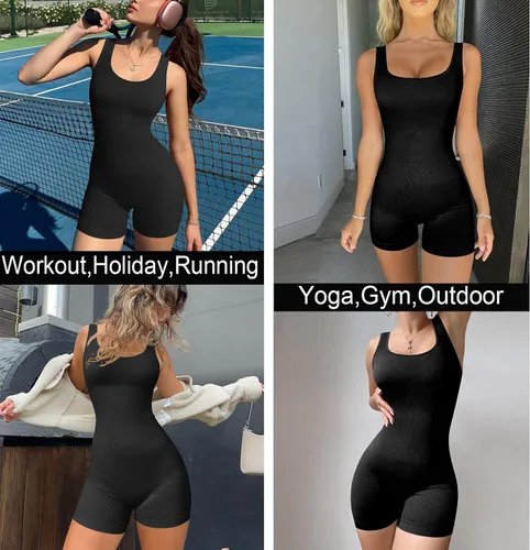 Miniatura 4 de TWFRHC - Conjuntos de entrenamiento para mujer con tirantes acanalados, 2 piezas, sin costuras, cintura alta, para gimnasio, pantalones cortos