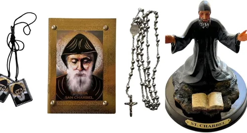 Conjunto de San Charbel:"Novena San Charbel" Libro de Rezo, Rosario de Inoxidable y Estatua de San Charbel