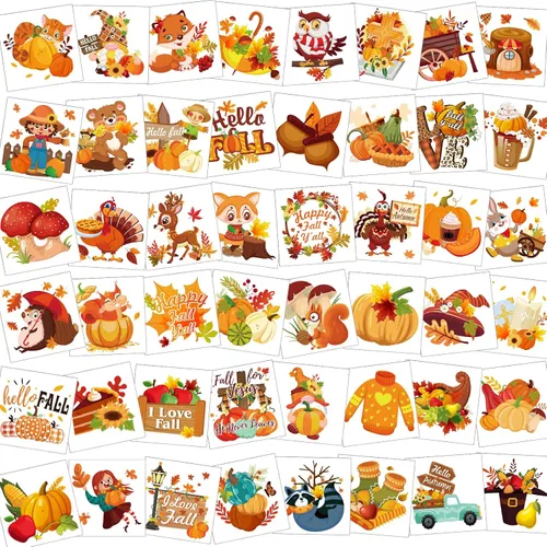 HOWAF 96 piezas de tatuajes temporales de otoño, tatuajes temáticos de otoño para niños, hojas de arce, calabaza, tatuaje temporal falso para otoño,