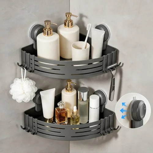 Miniatura 13 de Lekesky Organizador de ducha con ventosa, estante de ducha sin taladro, organizador de ducha de baño de aluminio a prueba de óxido con 12 ganchos