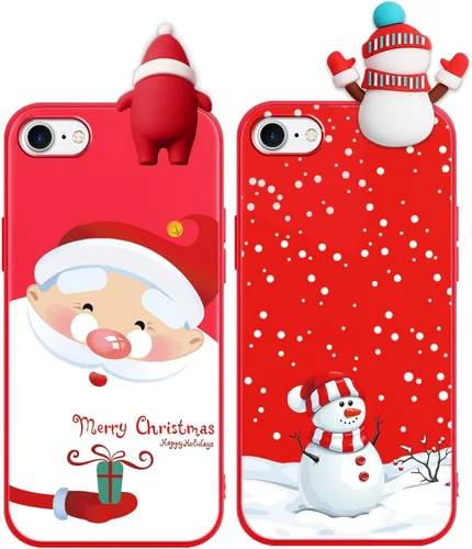 Miniatura 29 de Paquete de 2 fundas navideñas lindas para iPhone 13 Pro, patrón rojo 3D de muñeco Papá Noel muñeco de nieve Feliz Navidad de silicona suave TPU