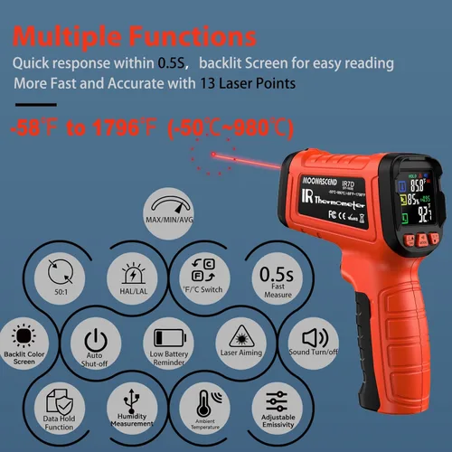 Miniatura 3 de Pistola Termómetro Infrarrojo, Incluye Sonda Tipo K para Humedad, Termómetro Digital Láser de Temperatura de -58 °F a 1796 °F para Cocinar, Pistola