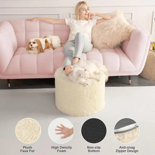 Miniatura 3 de Hansleep Puf otomano redondo de relleno de 17 x 14 pulgadas, reposapiés otomano de piel sintética relleno de espuma para silla con funda lavable