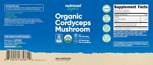 Miniatura 6 de Nutricost Cordyceps - Cápsulas de hongos de 1100 mg, 90 serv – Certificado CCOF fabricado con orgánico, sin gluten, 550 mg por cápsula (180 cápsulas)