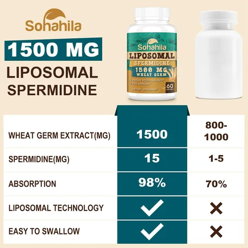Miniatura 6 de Suplemento de espermidina de 15 mg – 99% de pureza, alta absorción, 1500 mg de extracto de germen de trigo fermentado con zinc y tiamina
