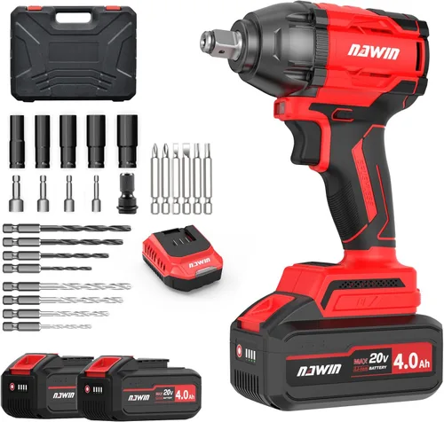 NAWIN Llave de Impacto Inalámbrica, Juego de 258 Pies-libras & 350Nm de Encaje de Impacto de Potencia, 1/2 pulgada, Ajuste de Velocidad Múltiple,