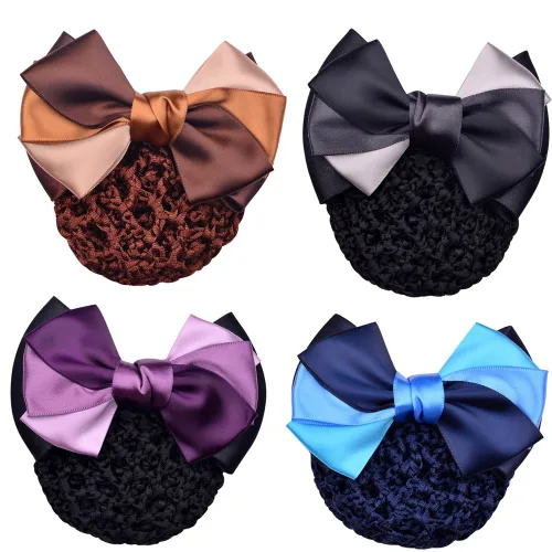 Woman Pro Snood Net Bow Barrette Hair Clip Moño Cover Set Bowknot Decoración Café gris púrpura azul