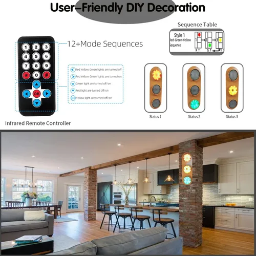 Miniatura 3 de Lámpara de semáforo con control remoto programable más de 12 secuencias, lámpara de pared de tráfico retro para dormitorio, sala de estar, club, bar
